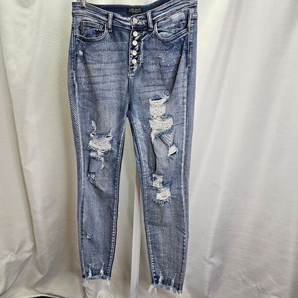 Judy Blue High Waist Button Fly Skinny Bleach Splash Jeans Size 11/30 - Picture 3 of 11